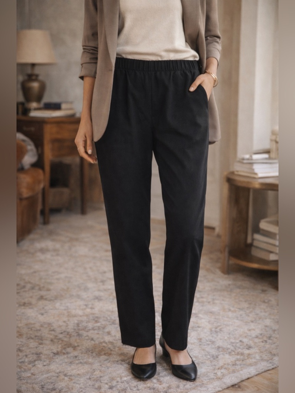 Allison Daley Petite Black Pull-On Dress Pants 12P Elastic Waist Straight Leg